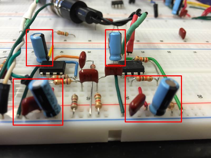 Use power supply bypass capacitors. Capacitors connected across the power supply lines, placed close to powered components, will reduce noise in the power supply line.